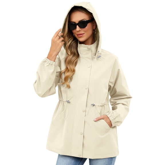 American Trends Womens Rain Jacket Waterproof with Hood Lightweight Windbreaker Adjustable Waist Casual Trench Raincoat for Travel Hiking Beige S