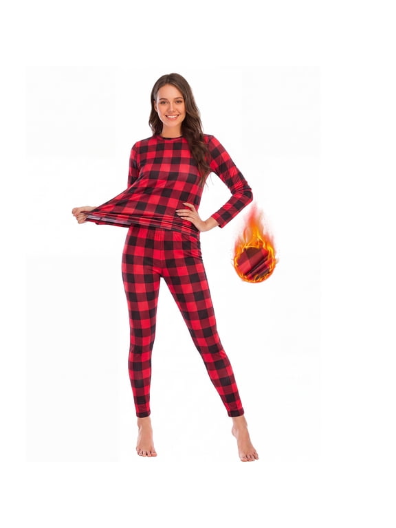 Womens Thermal Underwear Set Milk Silk Fleece Lined Long Johns Base Layer 4-Way Stretch Warm Pajama Set for Women Cold Weather Red Plaid M