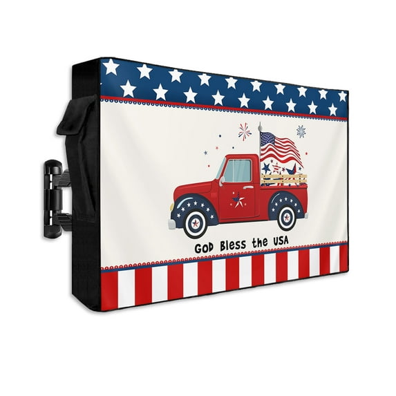American Truck with Flag Star Outdoor TV Cover 70 to 75 Inch Weatherproof, Red Beige Stripes Star Lace 600D Oxford TV Covers with Waterproof Zipper, Outside Flat TV Screen Protector 68"Wx42"Hx4.5"D