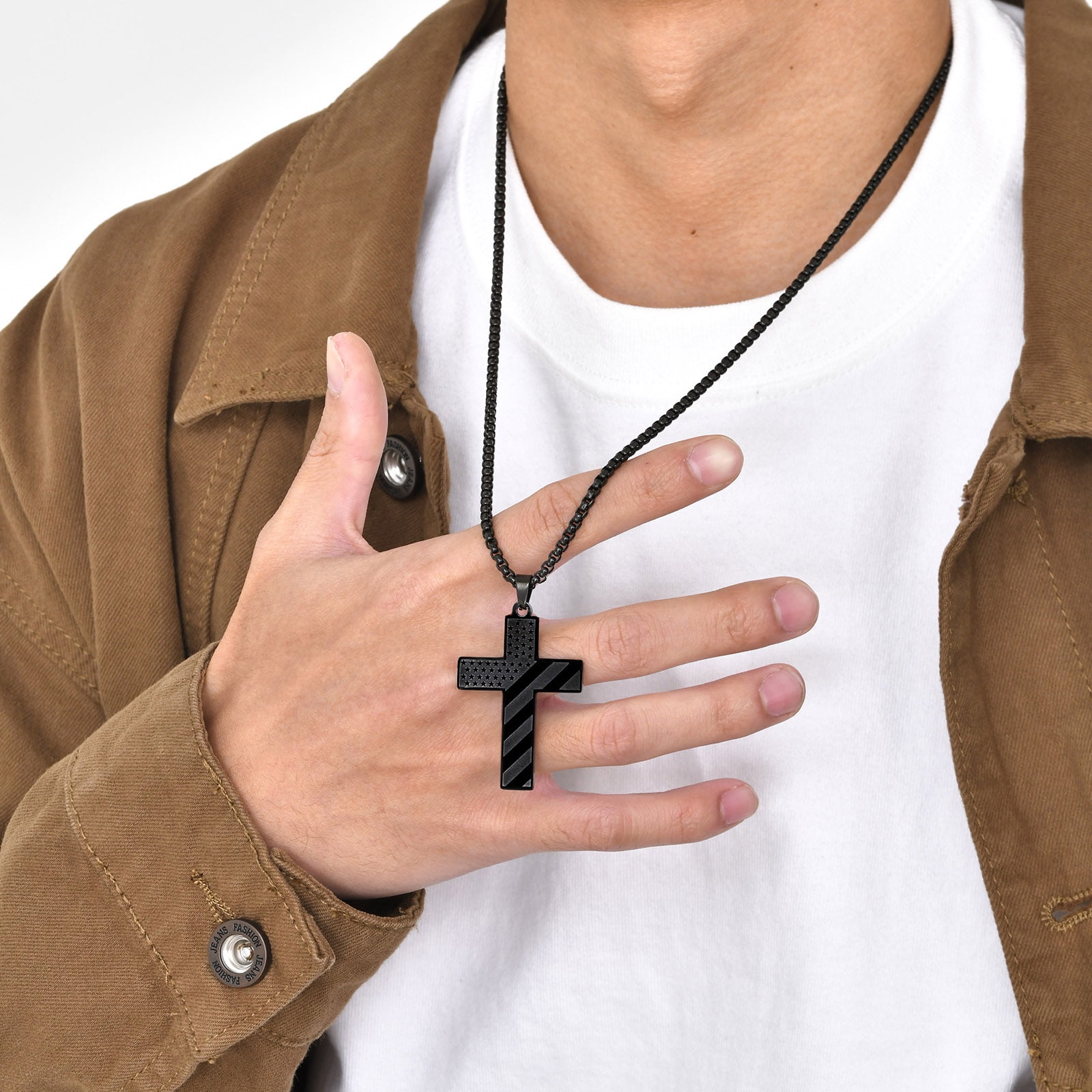 American US Flag Cross Necklace for Men, Black Stainless Steel Inspirational Motivational Encouragement Crosses Necklaces