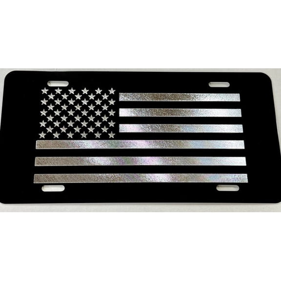 American US Flag License Plate Patriotic Car Tag Vanity Front Diamond Etched / Engraved Black Metal Weatherproof Rustproof