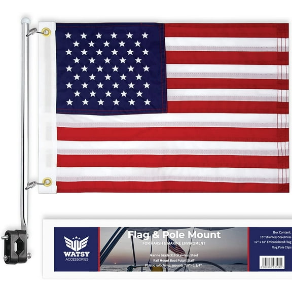 American USA Boat Flag With Pole Kit Cabin Waterproof Embroidered Marine & Golf Cart Flags - 12" x 18" - KIT