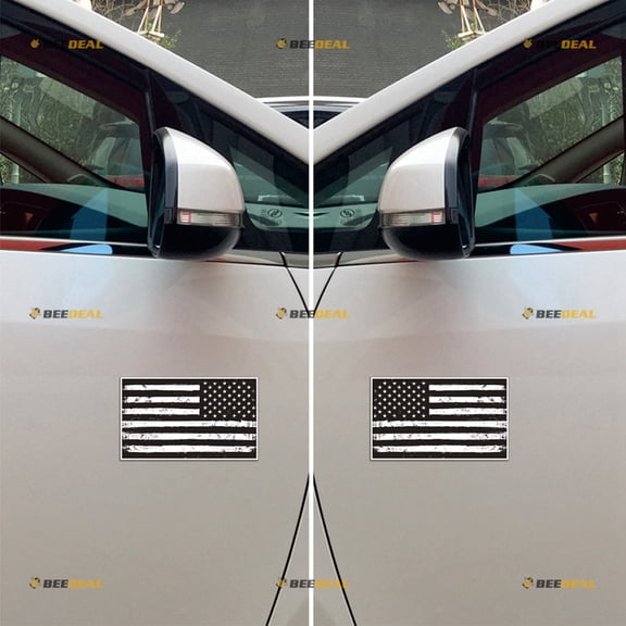 American USA Flag Car Magnet Black White Grunge Subdued Magnetic Sticker Decal - Pair Mirrored Reversed Glossy 4" - for Truck Door Fridge Reusable Waterproof