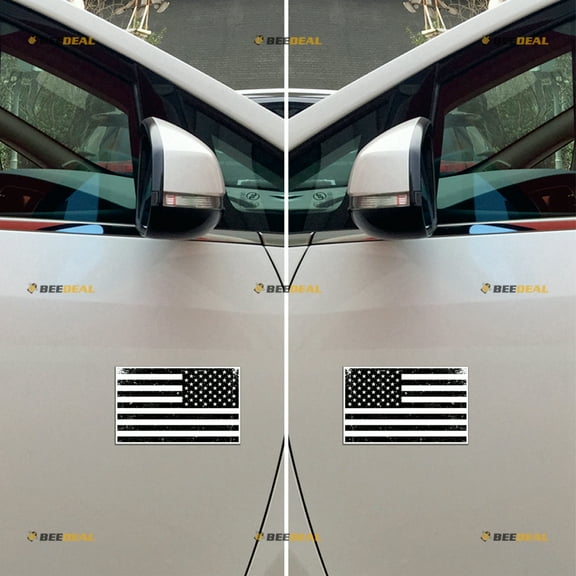 American USA Flag Car Magnet Black White Magnetic Sticker Decal Grunge Subdued - Pair Mirrored Reversed Reflective 4" - for Truck Door Fridge Reusable Waterproof