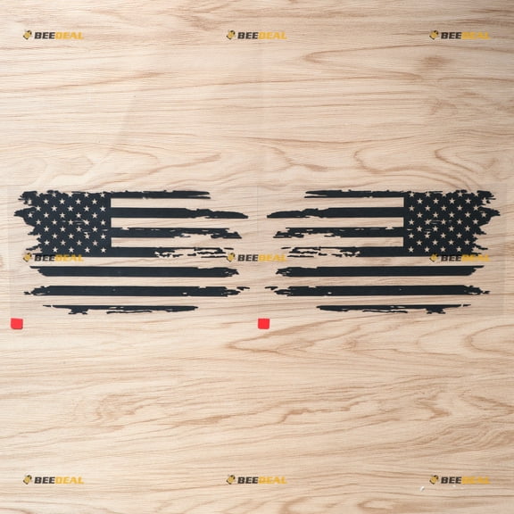 American USA Flag Car Vinyl Decal Sticker - Distressed, Mirror Image Reversed - Pair Black 8 Inches - Die Cut No Background Style A
