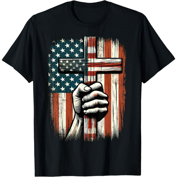 American USA Flag Christian Cross Jesus 4th Of July T-Shirt,Black