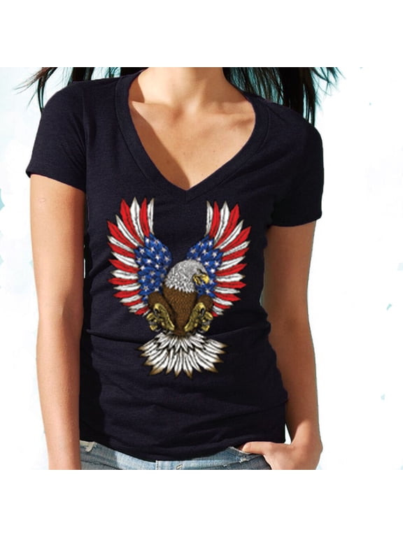 American USA Flag Eagle Printed Women V-neck Tee Shirt Color Black Large