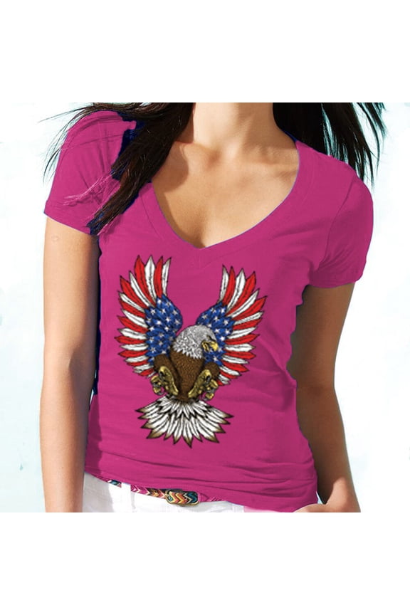 American USA Flag Eagle Printed Women V-neck Tee Shirt Color Pink Small