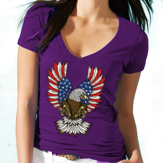 American USA Flag Eagle Printed Women V-neck Tee Shirt Color Purple Large