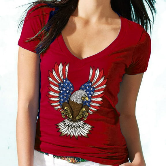 American USA Flag Eagle Printed Women V-neck Tee Shirt Color Red Medium