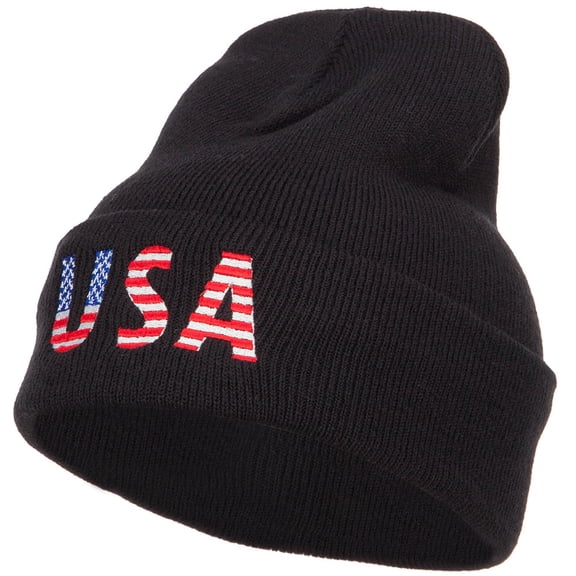 American USA Flag Embroidered Long Beanie - Black OSFM