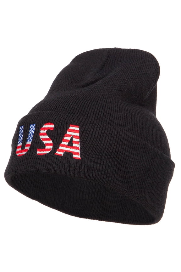 American USA Flag Embroidered Long Beanie - Black OSFM