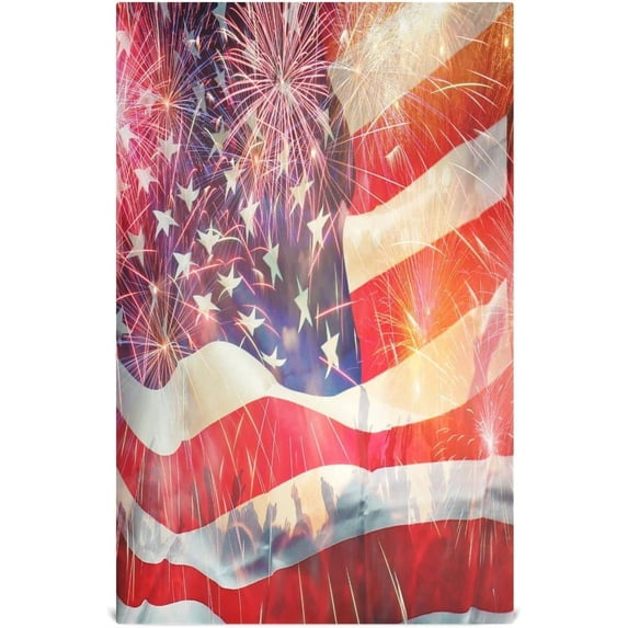 American USA Flag Firework Tea Towels Set of 1 4th of July Kitchen Dish Cloth with Hanging Loop, 18"x28"Lint-Free Absorbent Towel for Kitchen Drying Wiping and Cleaning