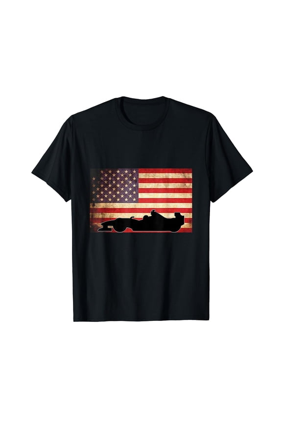 American USA Flag Indy Car Fan Lover Racecar Formula Gift Black T-Shirt