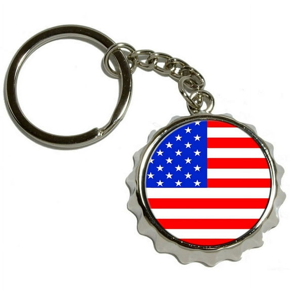 American USA Flag, Nickel Plated Metal Popcap Bottle Opener Keychain Key Ring