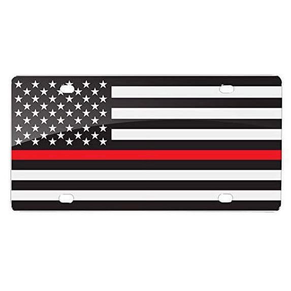 American USA Flag Thin Red Line (Firefighters) Aluminum Black White License Plate