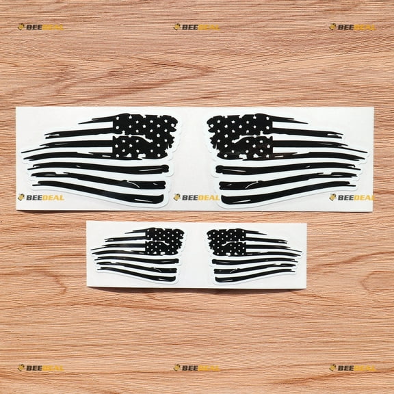American USA Flag Vinyl Decal Sticker Black White - 2 Pairs Glossy, 3 Inches, 5 Inches - Distressed, Mirror Image Reversed - for Car Truck 03290