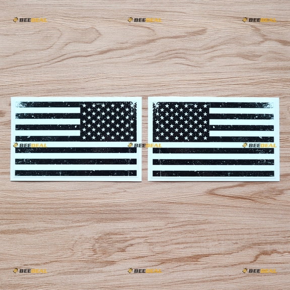 American USA Flag Vinyl Decal Sticker Black White - Mirror Images Reversed - Grunge Subdued - Pair Glossy 5 Inches for Car Truck 03290
