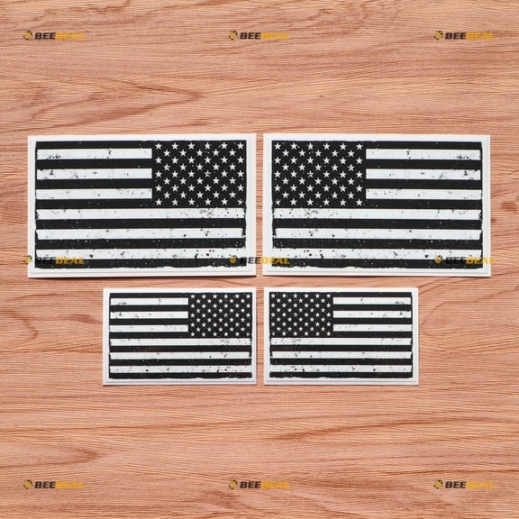 American USA Flag Vinyl Decal Sticker - Mirror Images Reversed - Grunge Subdued Monochrome Style C - 2 Pairs Glossy, 4 Inches, 6 Inches Black Clolor White Background