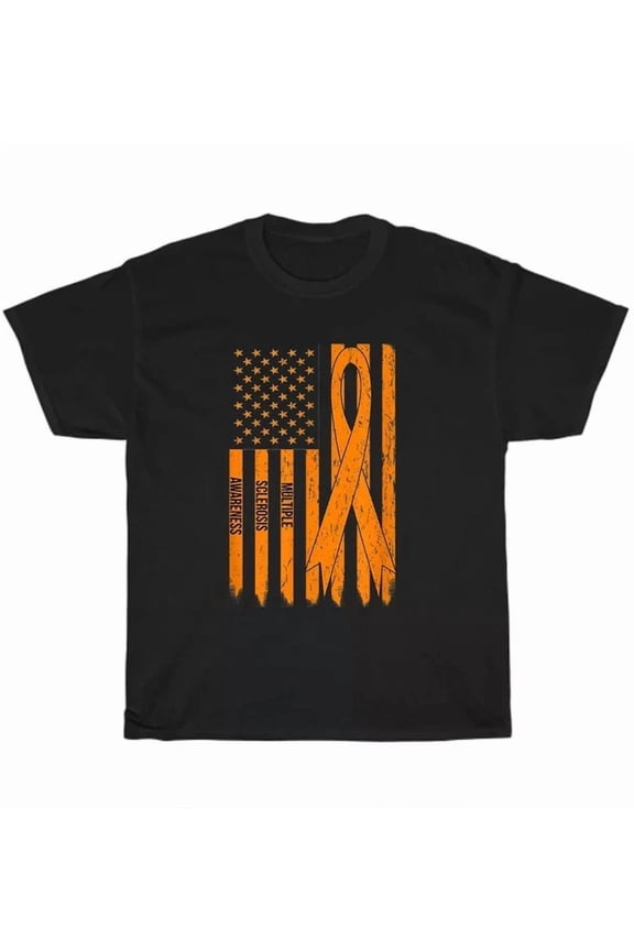 American Us Flag Ms Multiple Sclerosis Awareness Orange Ribbon T-Shirt Unisex