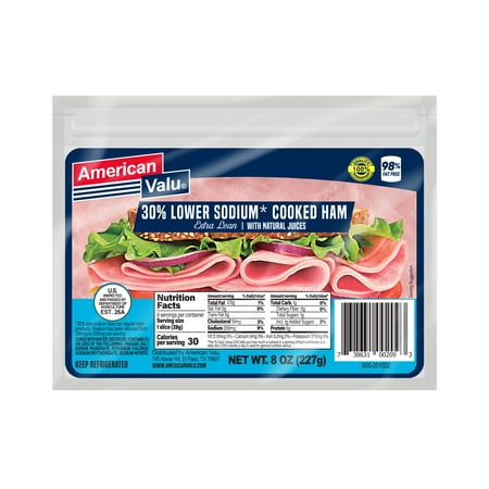 American Valu, Extra Lean, Cooked Ham, Sliced 8 oz Plastic Pouch