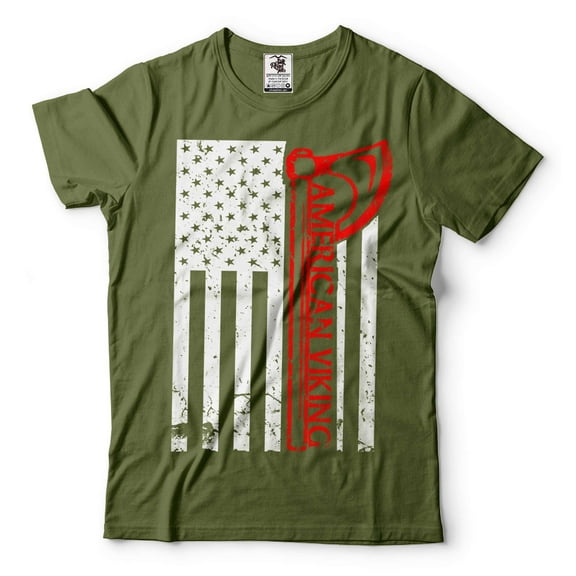 American Viking Shirt Viking Patriotic Tee Viking Warrior Axe T-Shirt 4th Of July Viking Shirt (Medium Military Green)