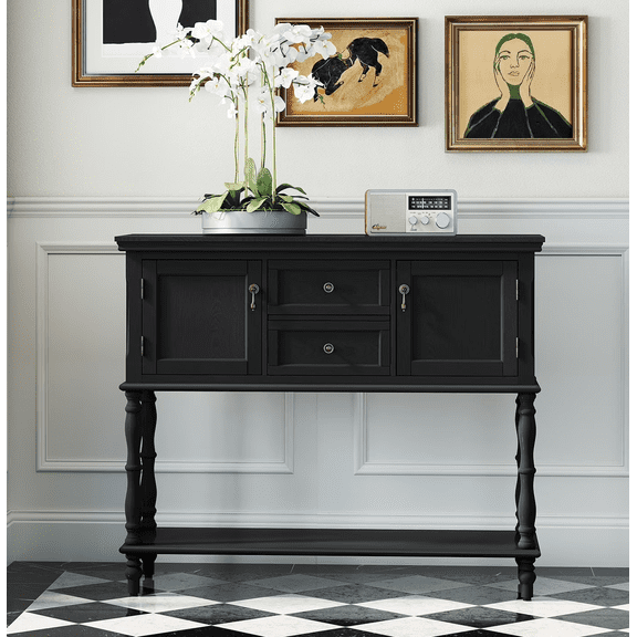 American Vintage Console Table with Drawers and Shelves Entryway Sofa Table for Living Room, Black