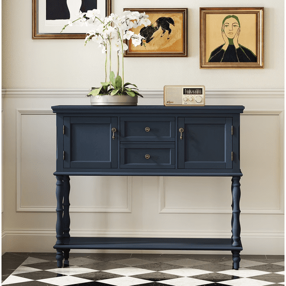 American Vintage Console Table with Drawers and Shelves Entryway Sofa Table for Living Room, Navy Blue