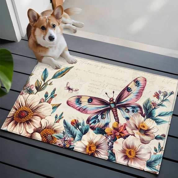 American Vintage Flowers Front Door Rugs 2x3 ft Country Butterflies Text Texture Small Rug for Entryway Non Slip Washable Bathroom Door Mat Absorbent Floor Mat for Indoor Entrance