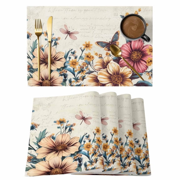 American Vintage Flowers Placemats Set of 1, Butterflies Country Retro Texture Non-Slip Place Mats Washable Table Mats for Kitchen Dining Table Decorations Indoor/Outdoor