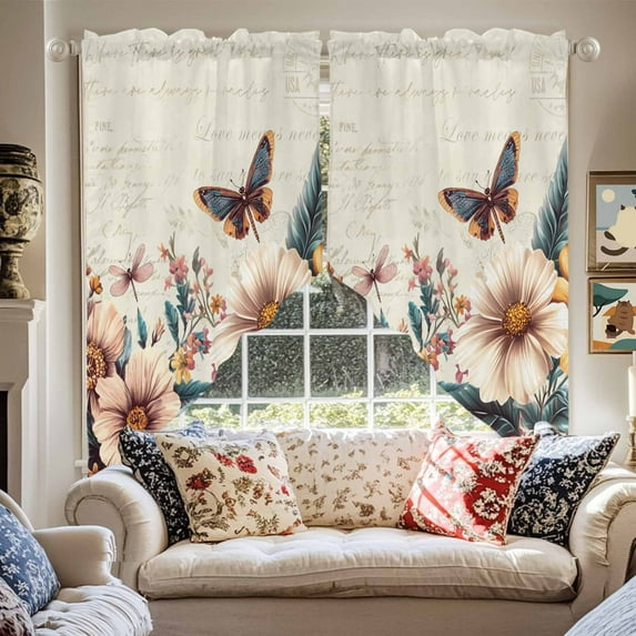 American Vintage Flowers Swag Curtain Valance for Windows, Country Butterflies Retro Texture Window Treatments Short Swag Topper for Kitchen Windows Bathroom Bedroom, 28"x36"