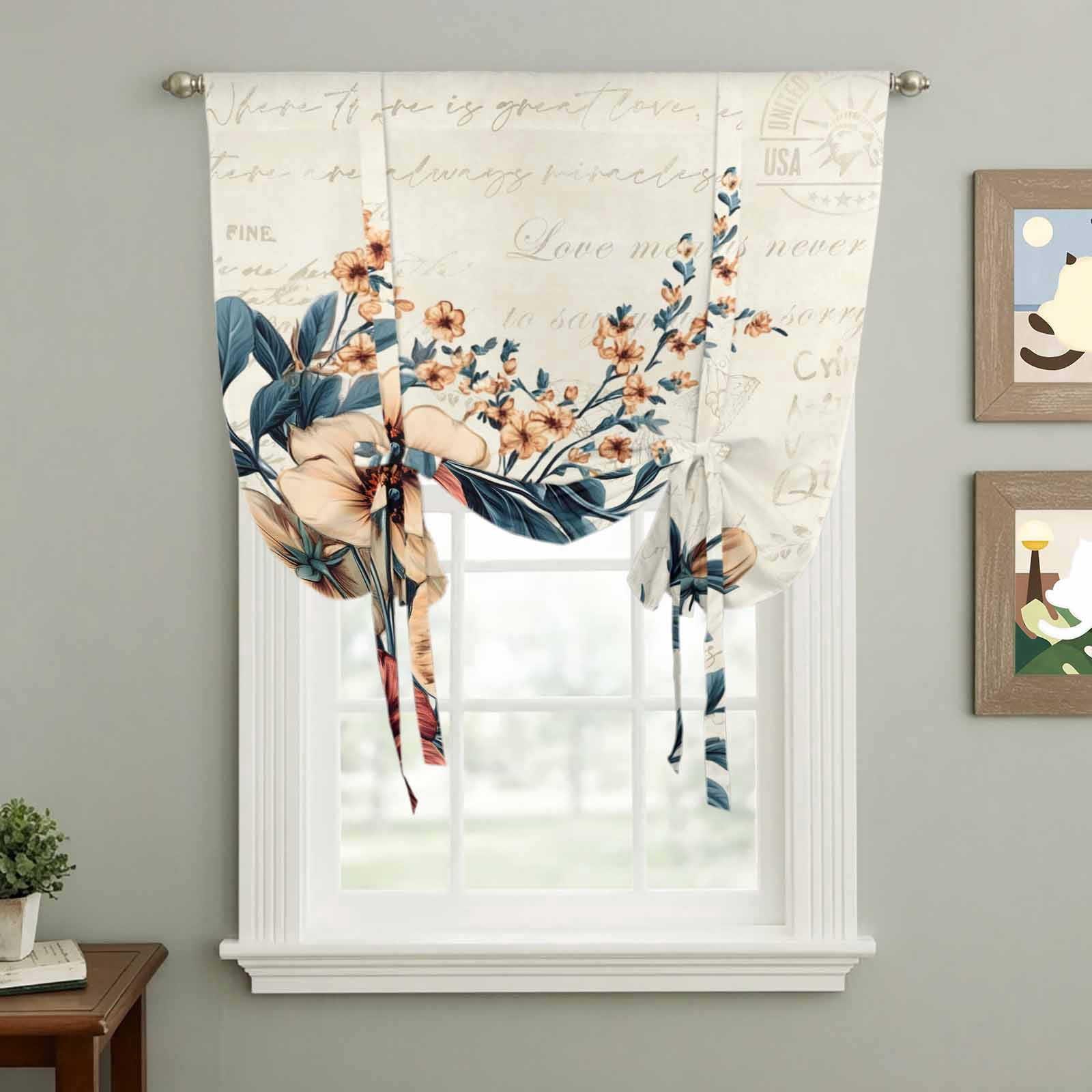 American Vintage Flowers Tie Up Curtain 45 Inches Long, Country Retro ...