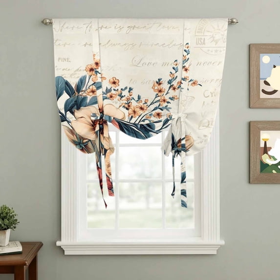 American Vintage Flowers Tie Up Curtain 45 Inches Long, Country Retro Text Texture Balloon Style Kitchen Window Curtain Over Sink, Small Window Rod Pocket Curtain 34"x45"