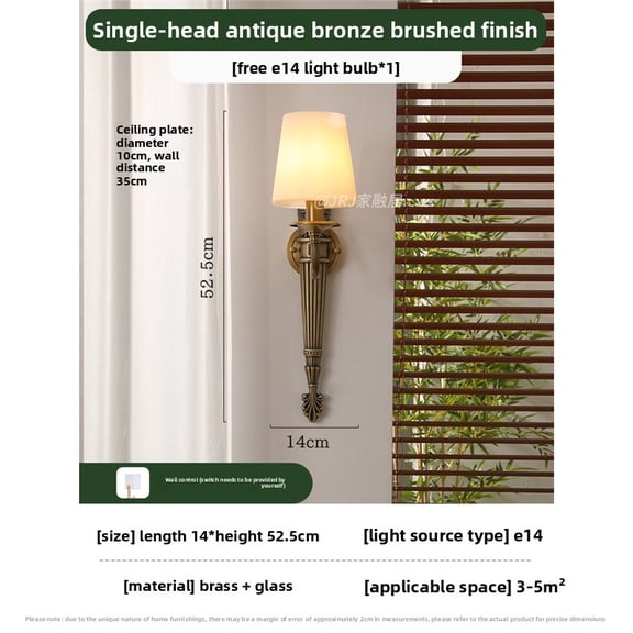 American Vintage Full Copper Wall Sconce, European LED Light Fixture for Living Room Background Wall, Bedroom Bedside, Hallway, Staircase Decorative Lighting