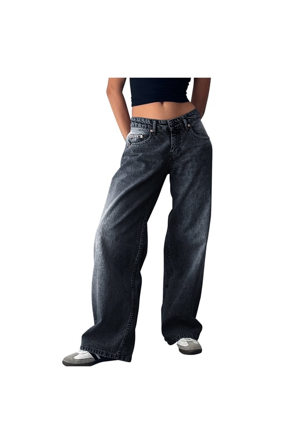 American Vintage Low Rise Washed Distressed Straight Leg Jeans New Streetwear Wide Leg Denim Pants for Women Low Waisted Baggy Jeans Retro