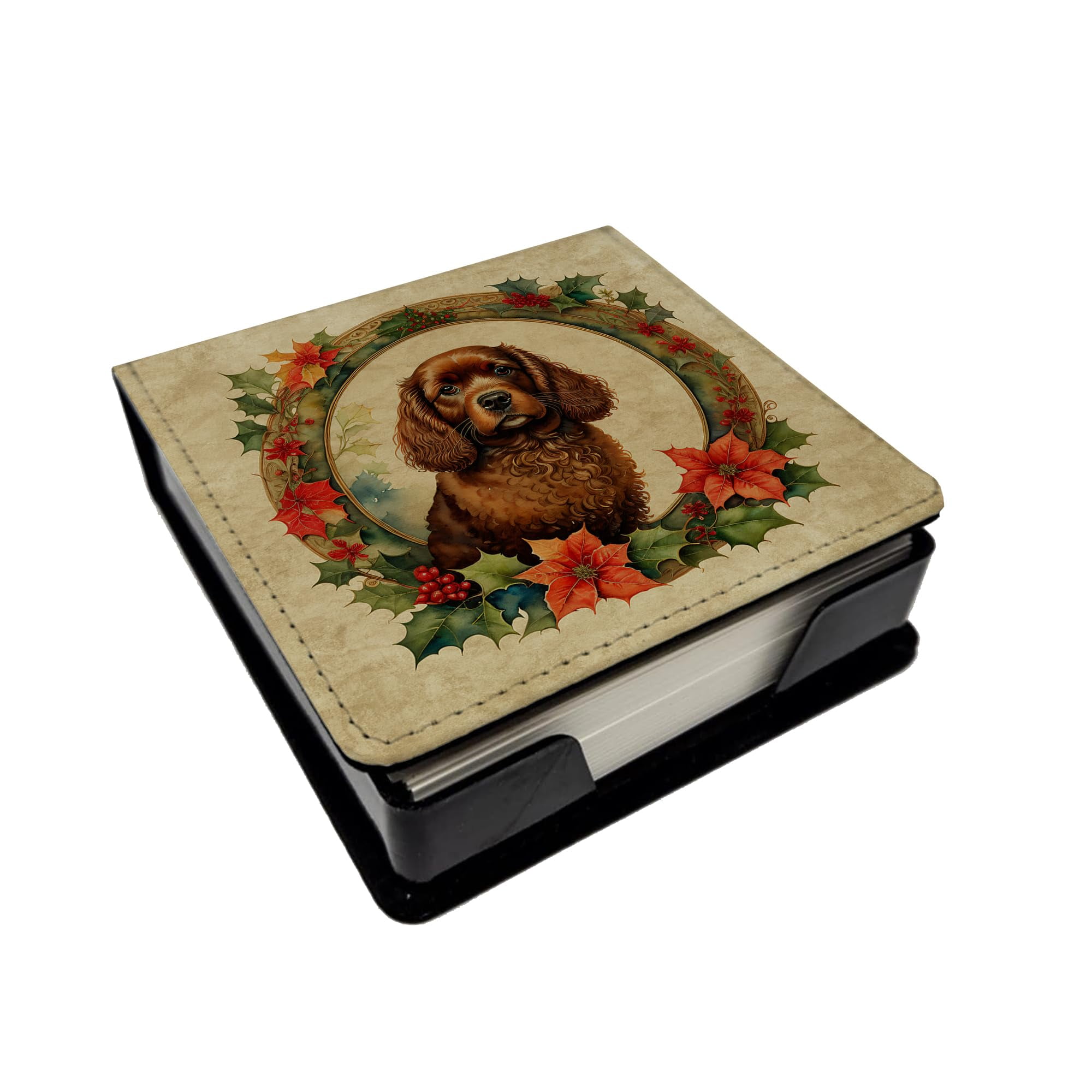 Caroline's Treasures American Water Spaniel Christmas Flowers PU Leather Note Paper Holder with Artist-Designed Cover, Desk Accessory, Office Gift