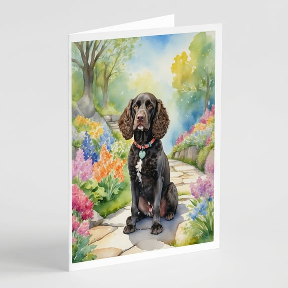 American Water Spaniel Spring Garden Greeting Cards Pack of 8 7 in x 5 in