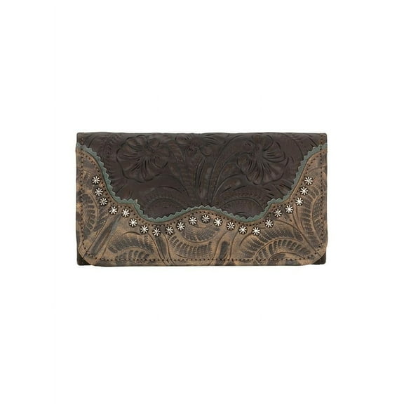 American West 2650282 Saddle Ridge Ladies Tri-fold Wallet, Chocolate, Distressed Charcoal Brown & Turquoise