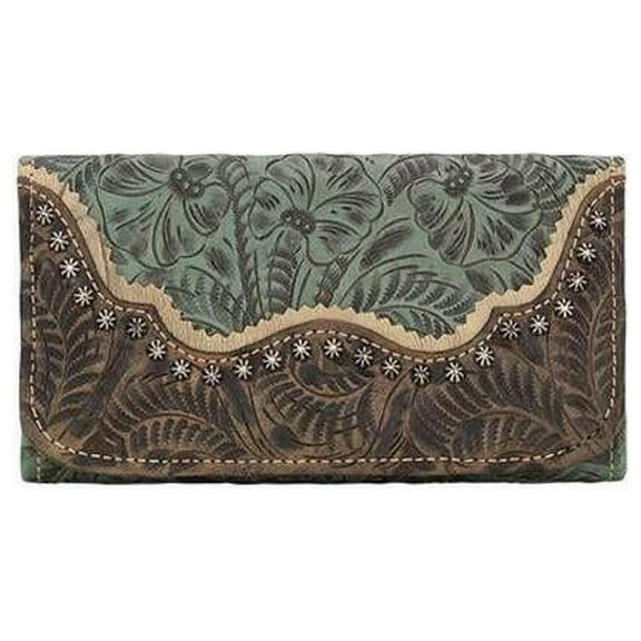 American West 2678282 Ladies Tri-Fold Wallets, Turquoise, Distressed Charcoal Brown & Sand