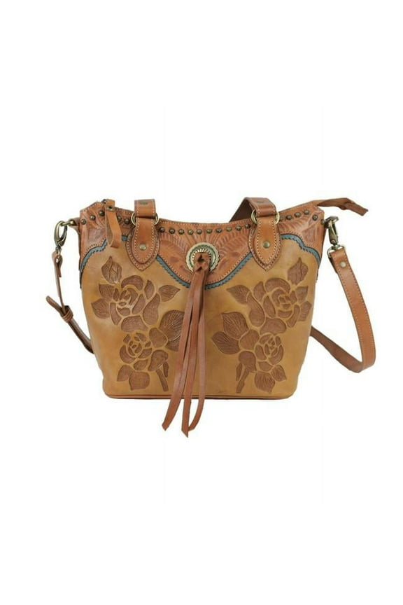 American West 8015849 Texas Rose Small Zip Top Bucket Tote Bag, Golden Tan