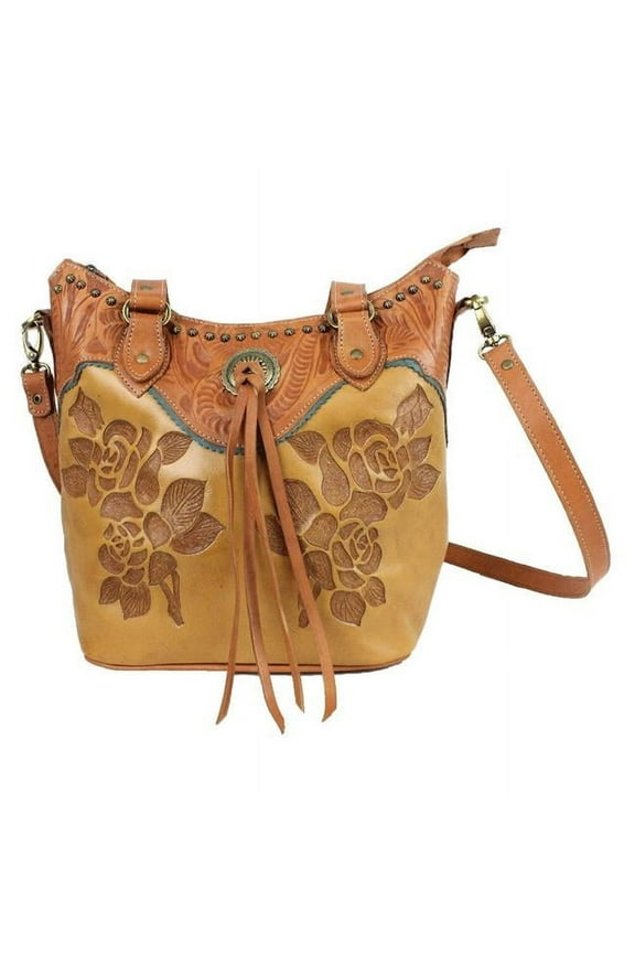 American West 8015869 Texas Rose Large Zip Top Bucket Tote Bag, Golden Tan