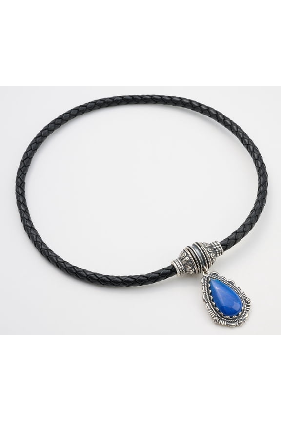 American West Braided Black Leather Magnetic Blue Lapis Necklace 20"