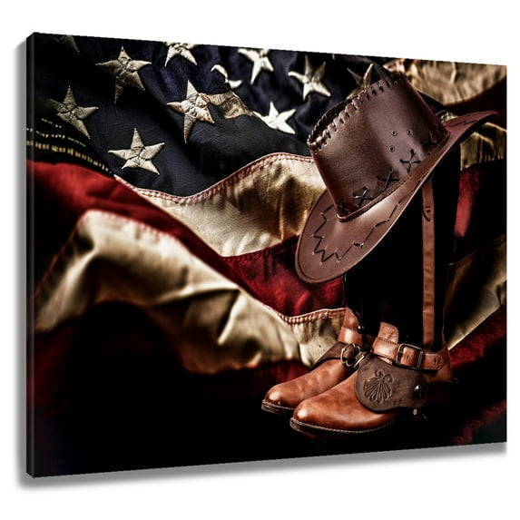 American West Cowboy Canvas Wall Art Brown Straw Hat on Leather Rancher Roper Boots Picture Wall Art Vintage Stretched Home Decor for Office Living Room Bedroom Easy to Hang
