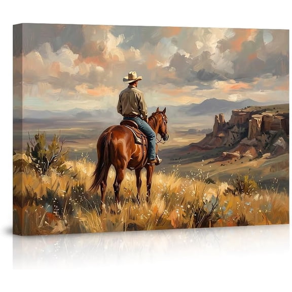 American West Cowboy Horseback Riding Desert Mountain Canvas Wall Art Print Rustic Western Landscape Painting for Living Room Bedroom Home Decor