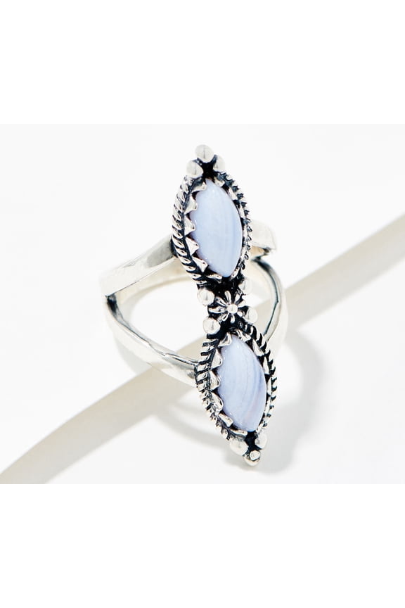 American West Double BLUE LACE AGATE Gemstone Split Shank Sterling Silver Ring Sz 8