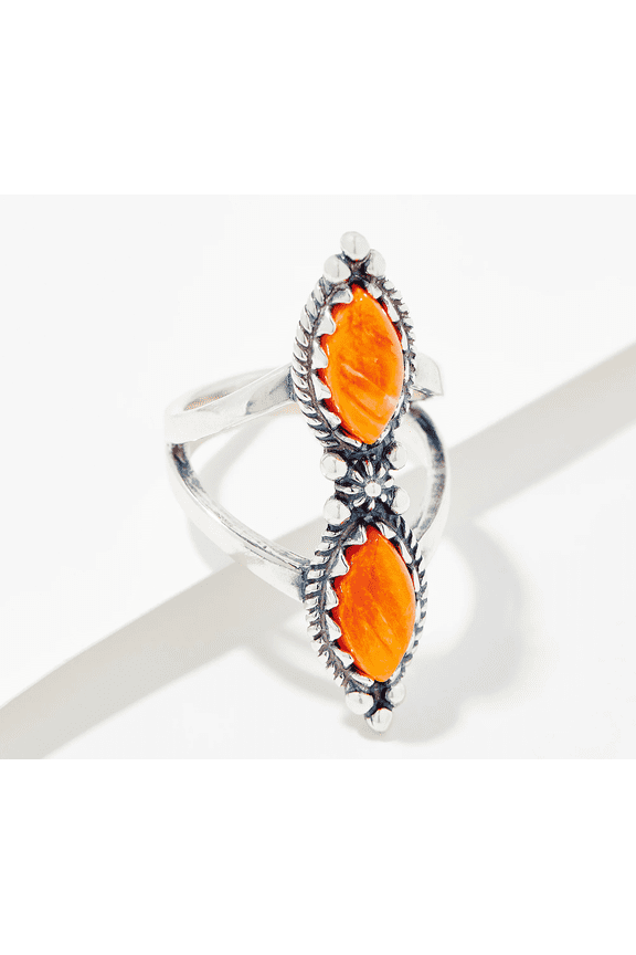 American West Double Orange Spiny Split Shank Sterling Silver Ring, Size 11