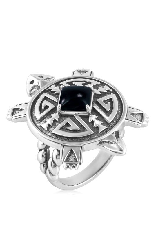 Sterling Silver Black Onyx Fritz Casuse Split Shank Turtle Ring, Sizes 5 to 11