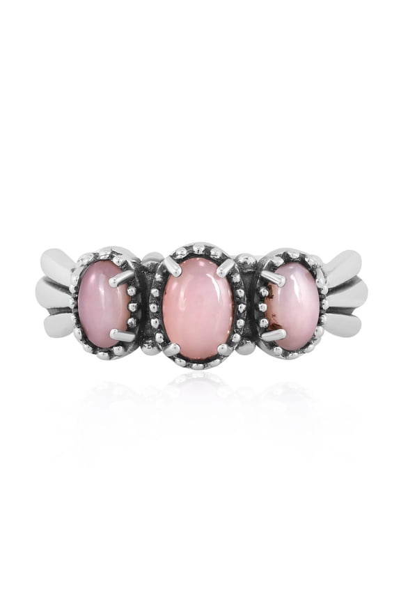 Sterling Silver Pink Opal 3-Stone Fan Ring, Sizes 5 to 11