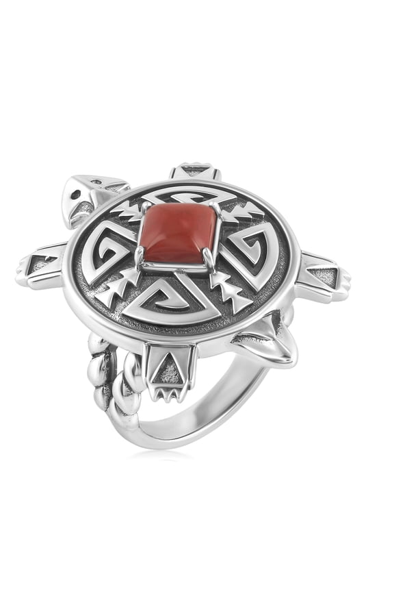 Sterling Silver Red Jasper Fritz Casuse Split Shank Turtle Ring, Sizes 5 to 11