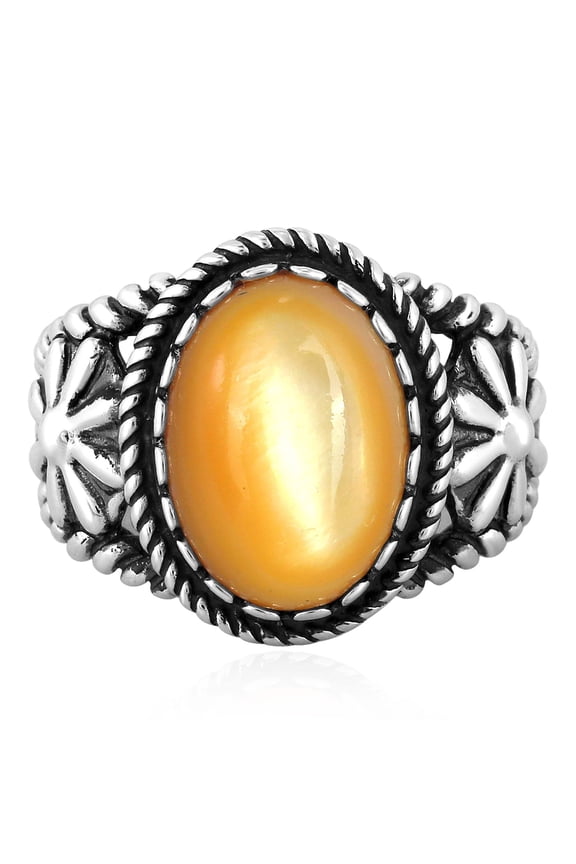 Sterling Silver Yellow Mother of Pearl Concha Flower Ring, Sizes 5 to 11